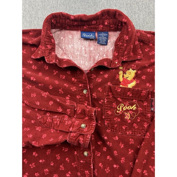 Disney Tops - Disney Winnie The Pooh Shirt Womens XL Red Corduroy Leaves‎ Embroidered Pocket